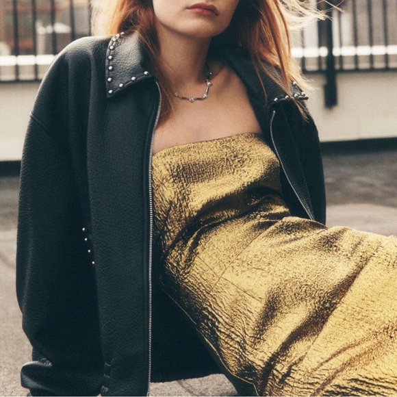 Anthropologie Pilcro Rylie Studded Faux-Leather Bomber Jacket Black Medium NWT - Picture 4 of 16